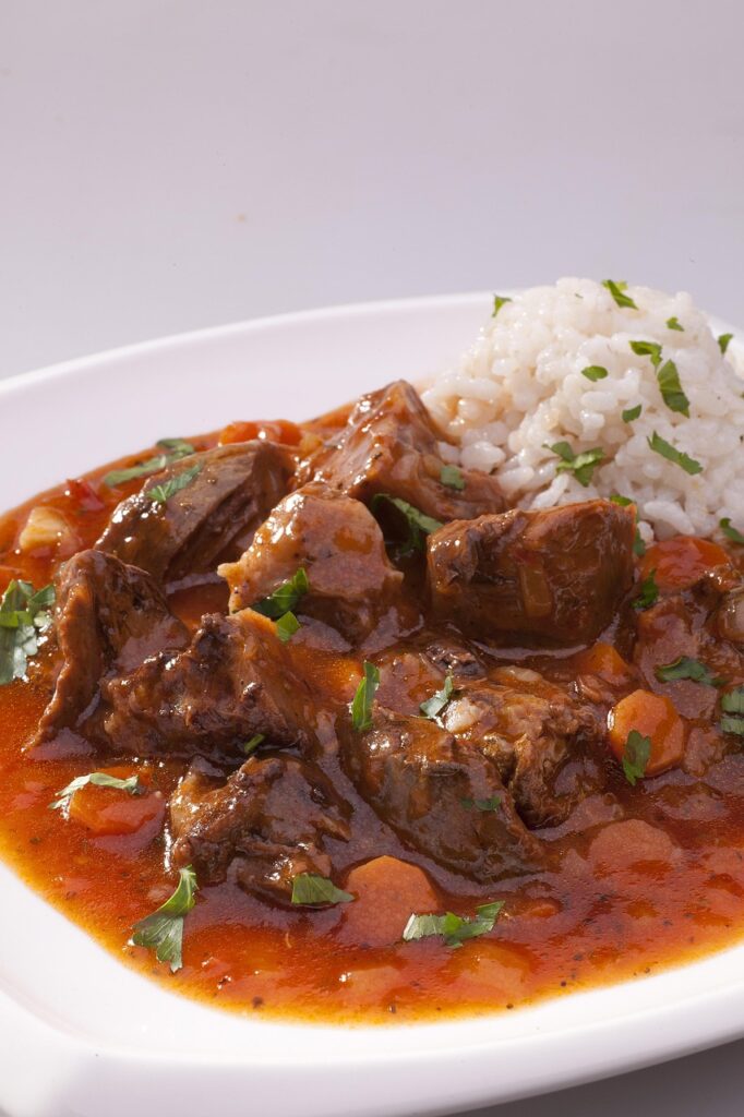 rice, meat, dish, food, sauce, savory, presentation, cuisine